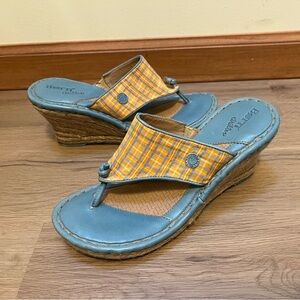 Born Blue Leather and Plaid Jute Wedge Sandals